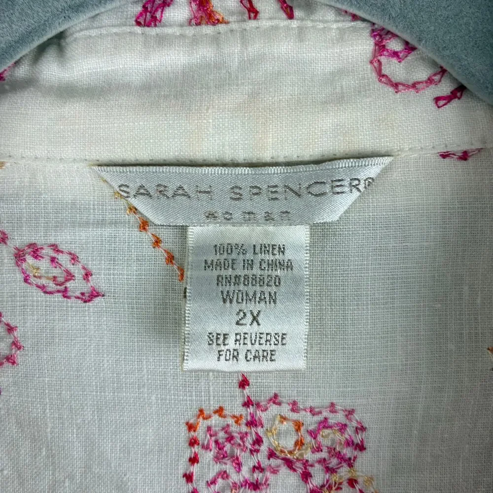Sarah Spencer 100% Linen 3/4 Sleeve Button Up Blouse Women 2X Floral Whimsy READ